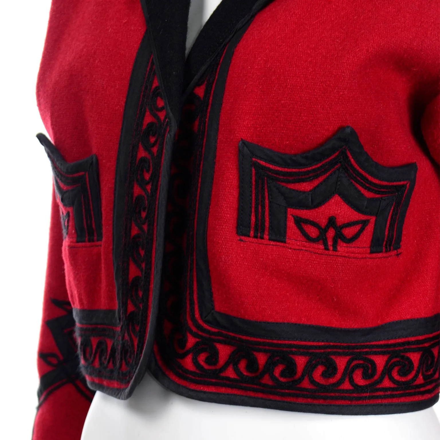 1980s Vintage Red Wool Cropped Guatemala Jacket W Black Embroidery