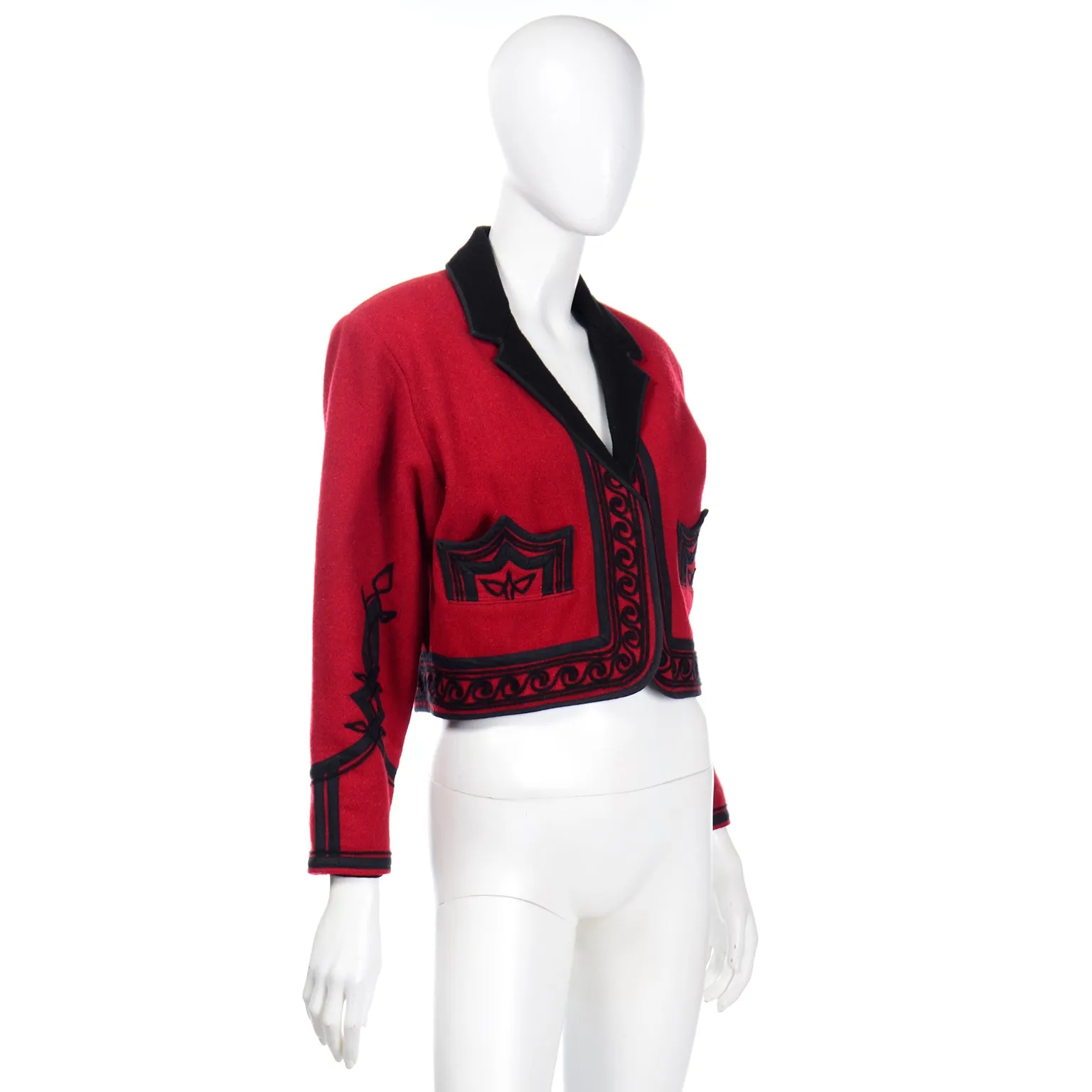 1980s Vintage Red Wool Cropped Guatemala Jacket W Black Embroidery