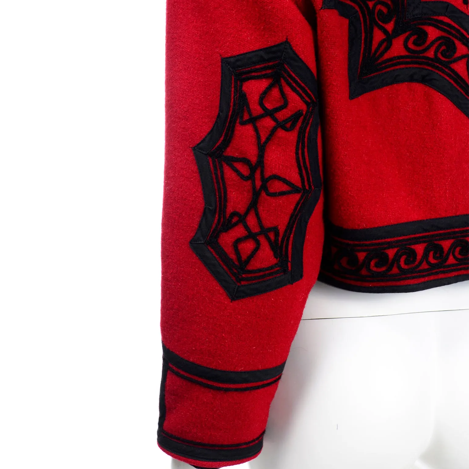 1980s Vintage Red Wool Cropped Guatemala Jacket W Black Embroidery