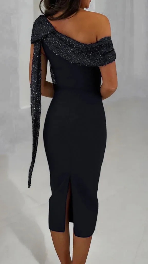 A2053 Black Bandage Sequin Trim Dress