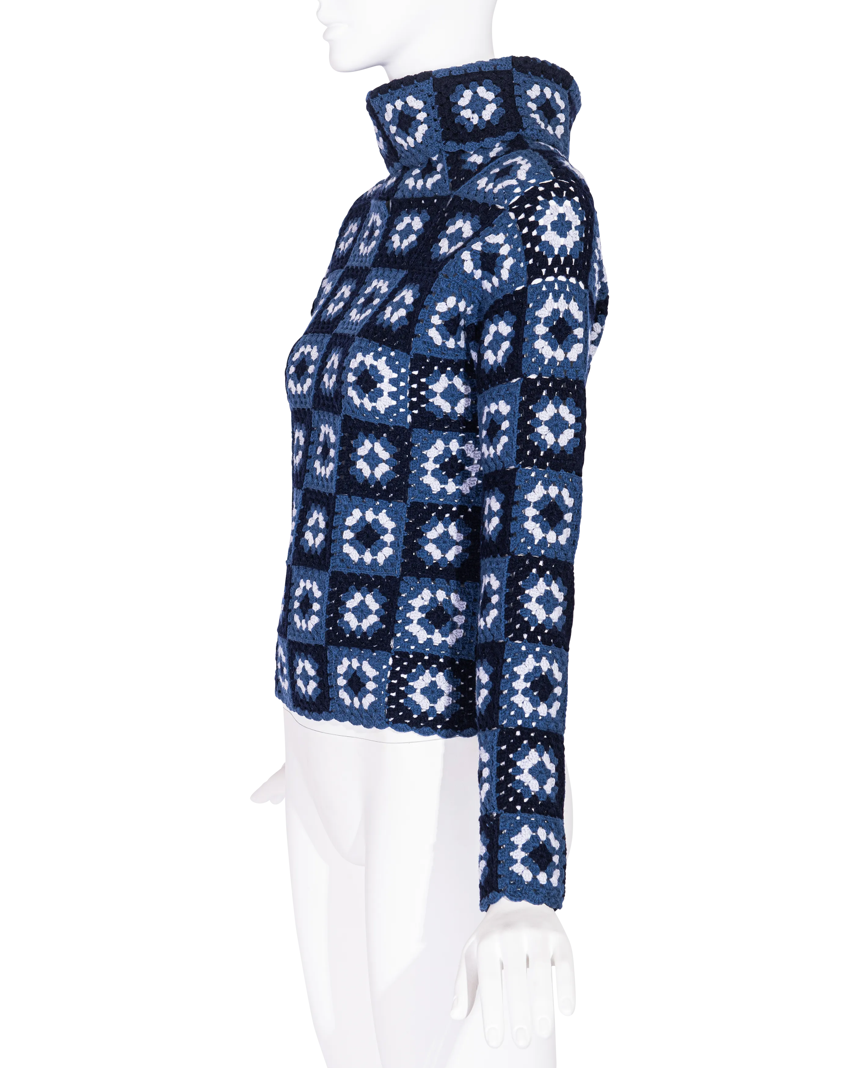A/W 1999 Blue Crochet Turtleneck Sweater, Scarf and Purse Set