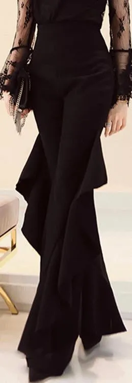 'Beata' Ruffle Flared High-Waist Trousers - Blue or Black