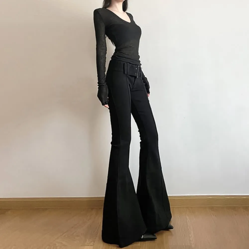 Black High Waist Bell Bottom Pants With Belt Detail