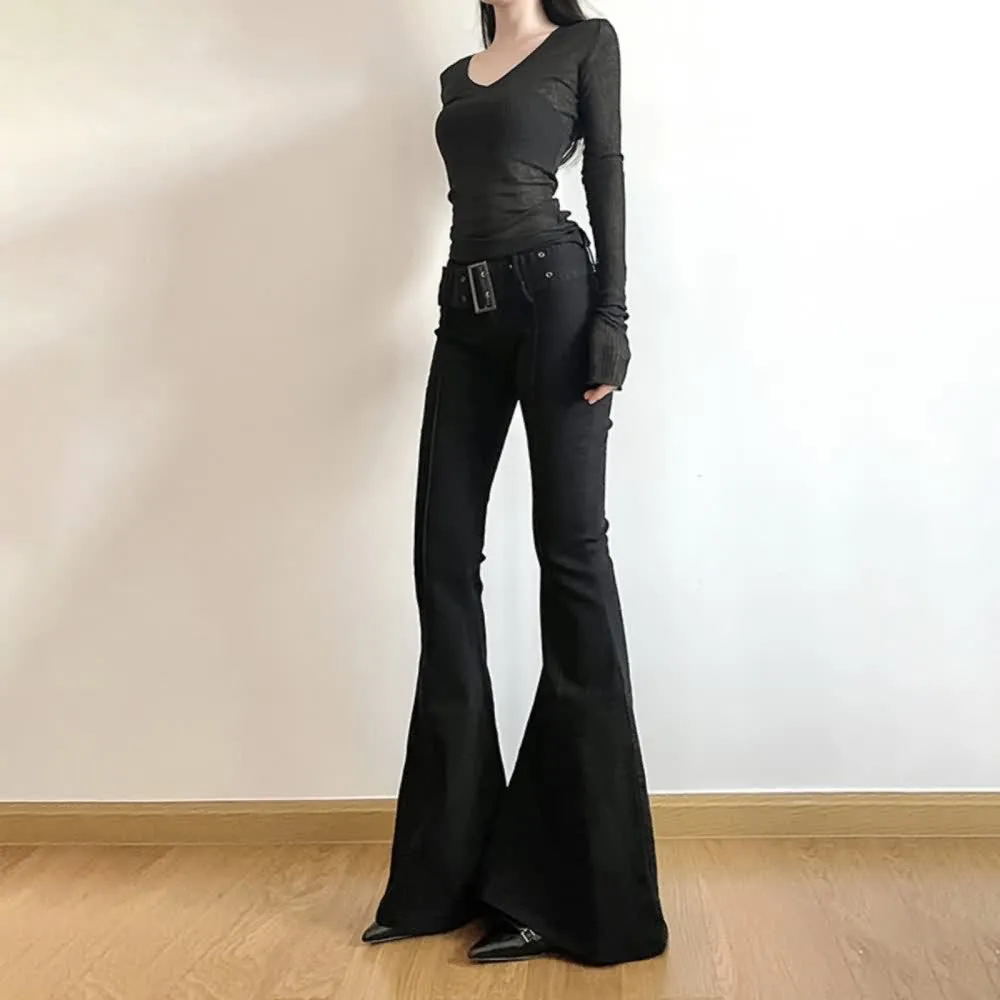 Black High Waist Bell Bottom Pants With Belt Detail