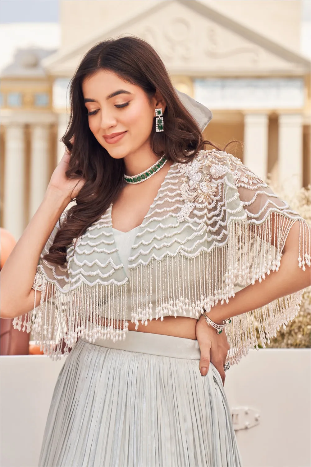 Jennifer Papersatin Net Bustier and Skirt with Embellished Cape