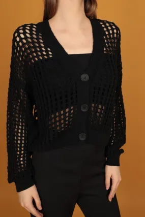 KKT Button Detail Women's Knitwear Cardigan-Black - Springfield