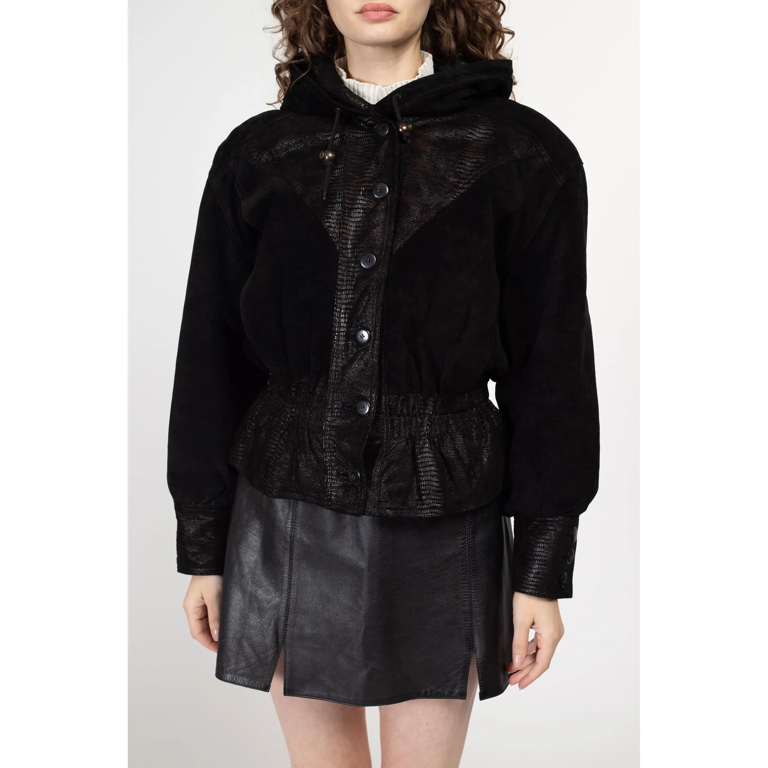 Medium 80s Black Embossed Suede Cropped Hooded Jacket
