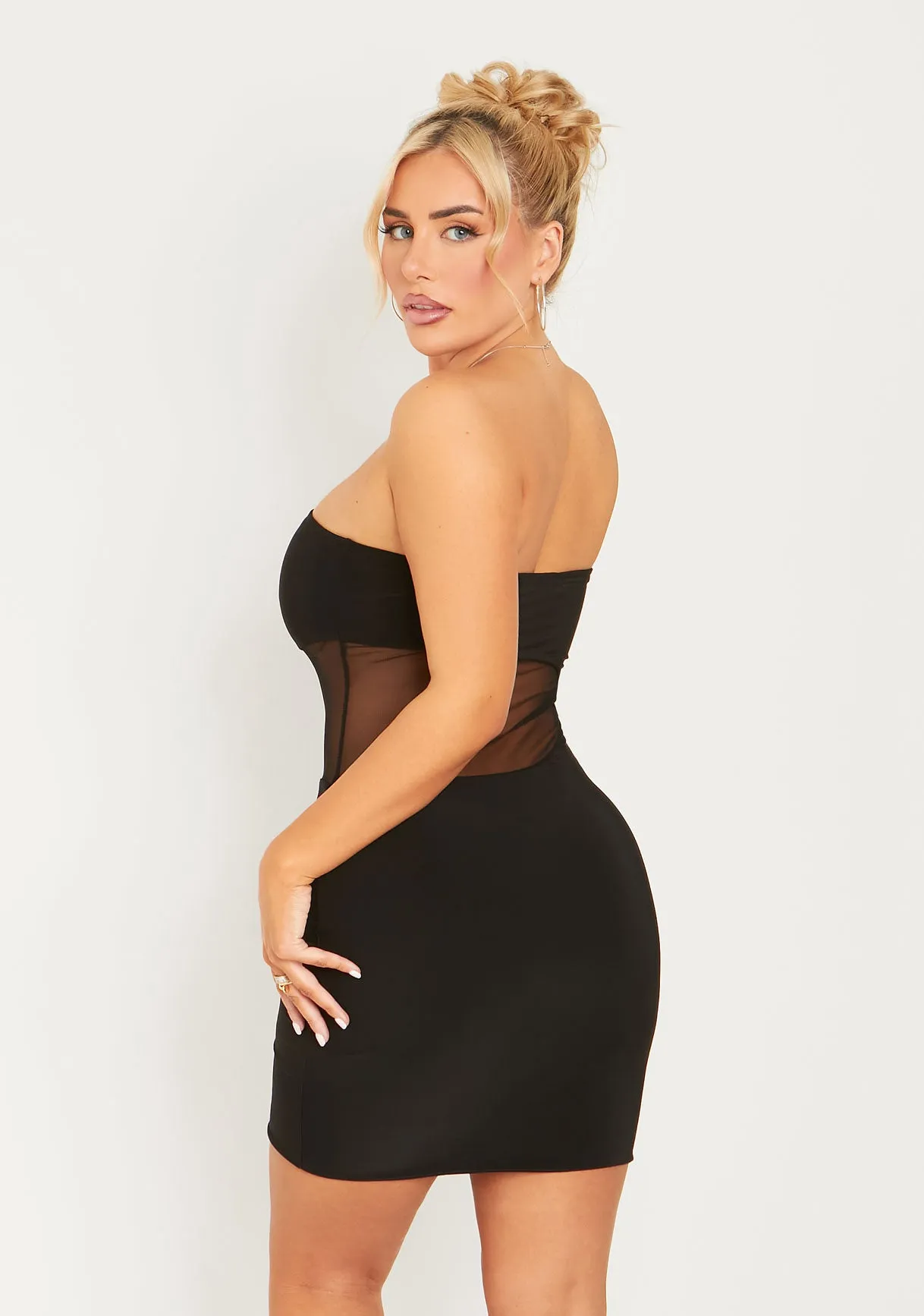 Ophelia Black Slinky Mesh Cut Out Bandeau Mini Dress