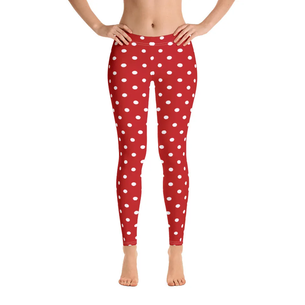 Red and White Polka Dot Leggings, Christmas Leggings Women Yoga Pants Printed Print Cute Graphic Workout Running Gym Fun Designer
